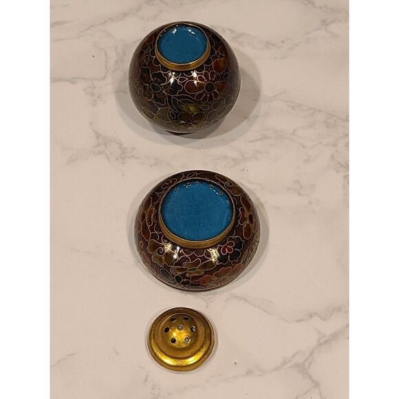 Cloisonné Open Salt Bowl Cellar Pepper Shaker Brown Flower Enamel Brass Stacking - Picture 8 of 8